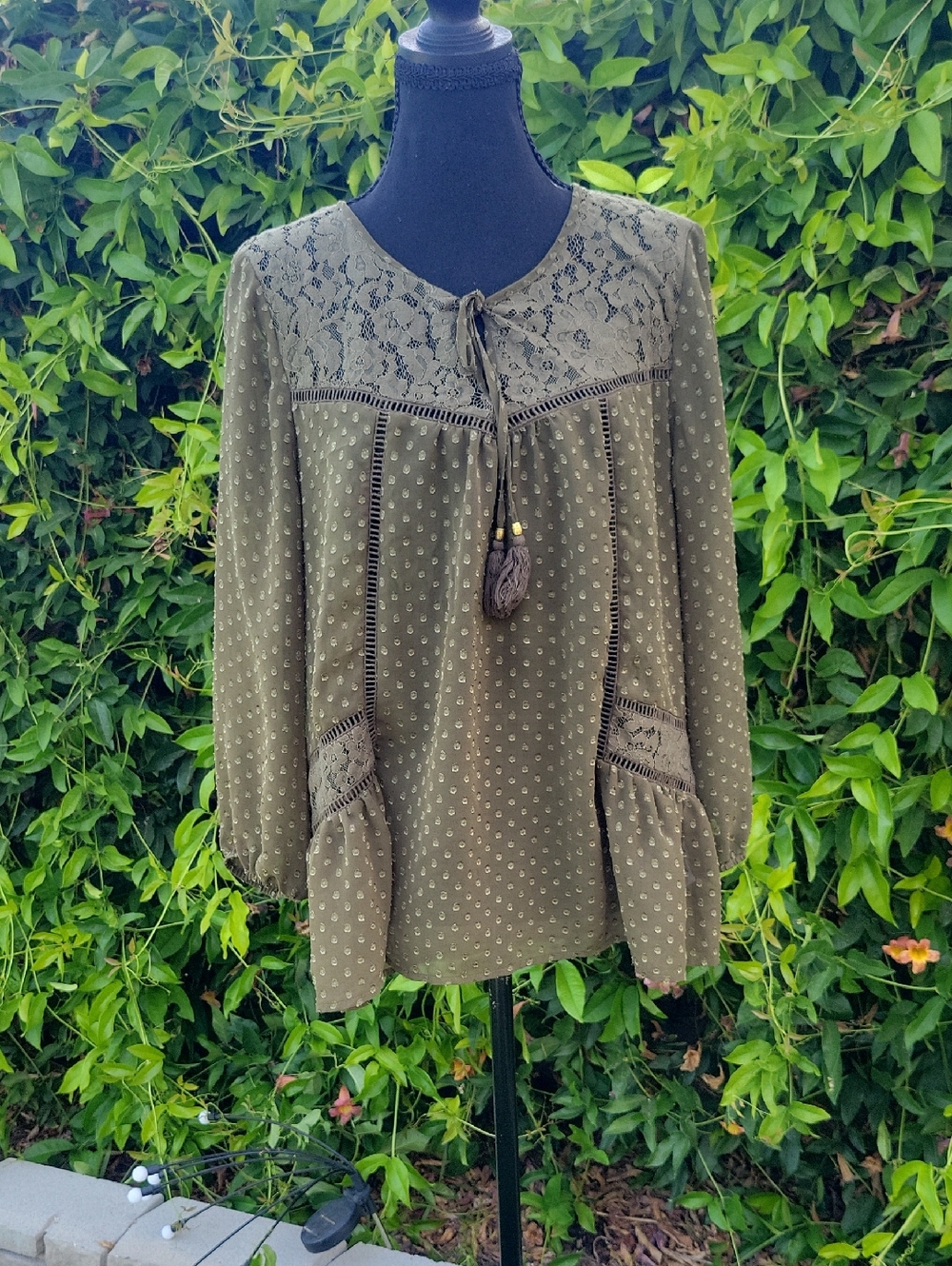 Army Green Lace Accent Swiss Dot Longsleeve Romantic Boho Blouse L